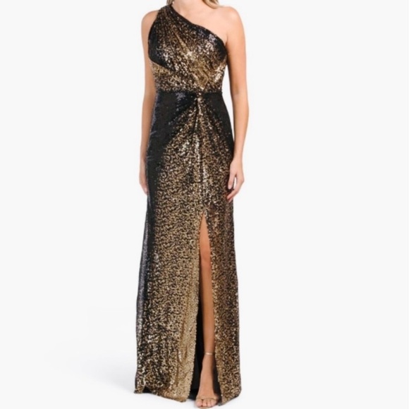 RENE RUIZ COLLECTION black gold One Shoulder Sequin Gown - Picture 3 of 6